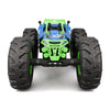 Maisto Rock Hopper Pro Series 2.4GHz USB rechargeable RC car blue Qatar, A blue and lime green remote control monster truck with oversized black tires, shown from a front-facing perspective on a white background.