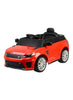 A red and black ride-on toy car designed to look like a Range Rover, featuring a black convertible top, black seats, and silver multi-spoke wheels, shown on a plain white background Available on amarello toys