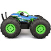 Maisto Rock Hopper Pro Series 2.4GHz USB rechargeable RC car blue Qatar, A blue and green remote control monster truck with oversized black tires and bright green rims, shown from a side profile on a white background.